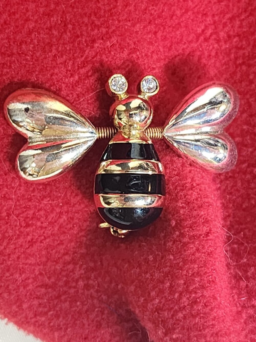 Mixed Metal Vintage Black Enamel Trembler Heart Winged w/Rhinestone Eyes Bee Pin